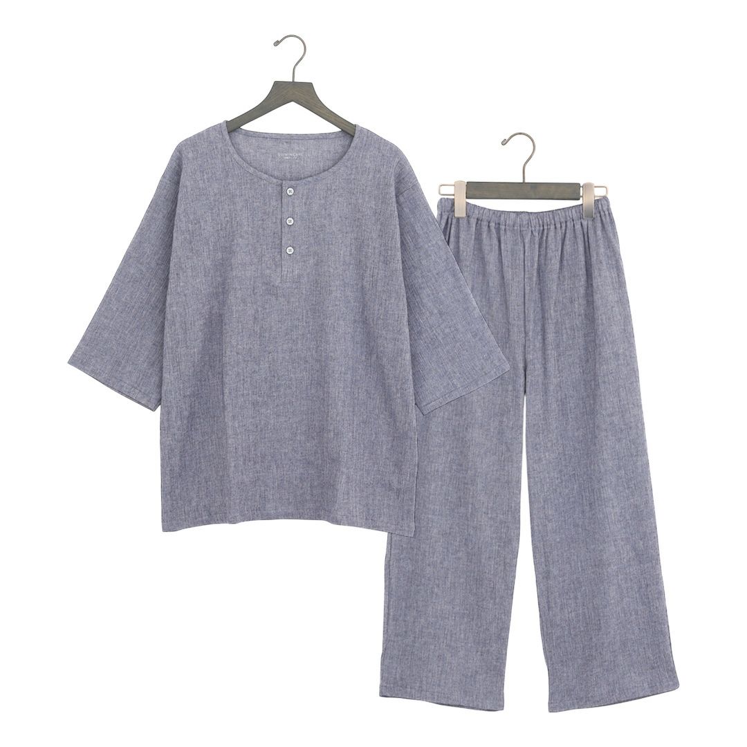 メンズ / 高島ちぢみ 長袖 シャツ パジャマ | SUIMIN CARE（スイミンケア） [カイタックファミリー] Suimin Care 日本製 パジャマ メンズ 高島ちぢみ 綿100％ シャツ 半開 無地 ブルー ネイ